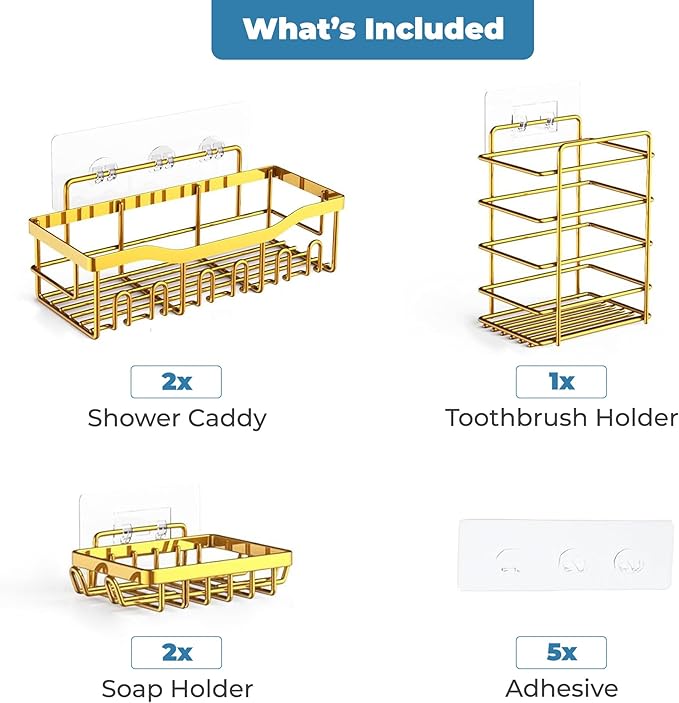 Fab Glass and Mirror 5-Pack Shower Caddy, Gold - Shower Organizer & Shelves for Efficient Storage, Bathroom Caddy for Wall Organizer, Durable Showers Wall Caddy