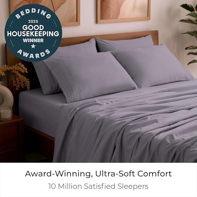 Mellanni King Sheet Set - 6-Piece Iconic Collection Bedding, (Including 4 Pillowcases), 21-Inch Extra Deep Pocket, Easy Care, Ultra Soft, Cooling Sheets, Brushed Microfiber - Hazy Lilac