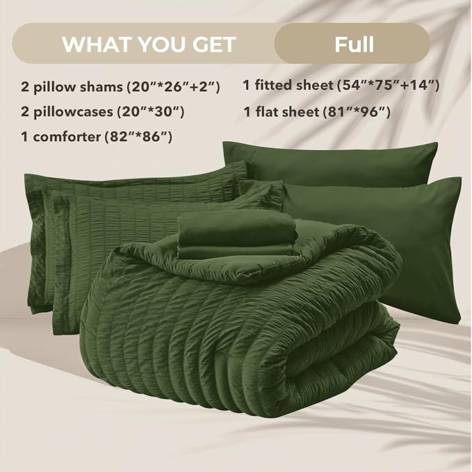 HYMOKEGE Olive Green Full Size Comforter Sets Seersucker 7 Pieces, All Season Luxury Bed in a Bag for Bedroom, Bedding Set with Comforter, Sheets, Pillowcases & Shams