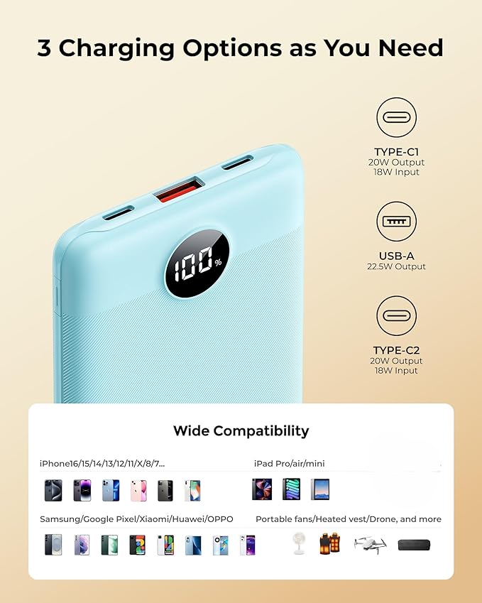 Small Portable Charger 10000mAh, Mini Power Bank with LED Display, 22.5W PD Fast Charging USB-C Battery Pack, Compact Lightweight Travel Charger Compatible with iPhone Samsung Android, Blue