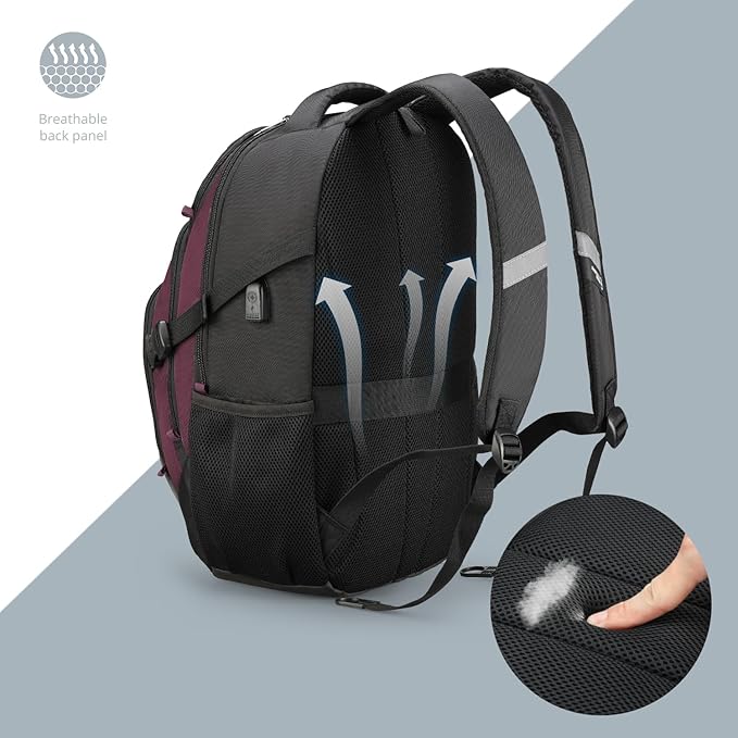 Swissdigital Design Laptop Backpack with USB Charging Port, Travel Backpack Fits 15.6 inches Computer, 31L College School Backpack for Women, Burgundy/Black | SD803-44