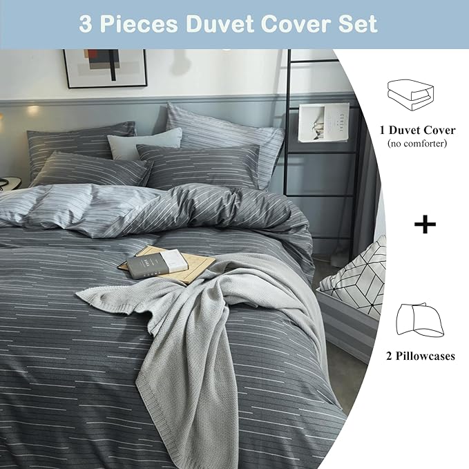 VM VOUGEMARKET Grey Stripes Duvet Cover King Modern Men Bedding Set with 2 Pillow Shams -100% Cotton Reversible Luxury Boys Comforter Cover with Zipper Closure 104X90 Inch