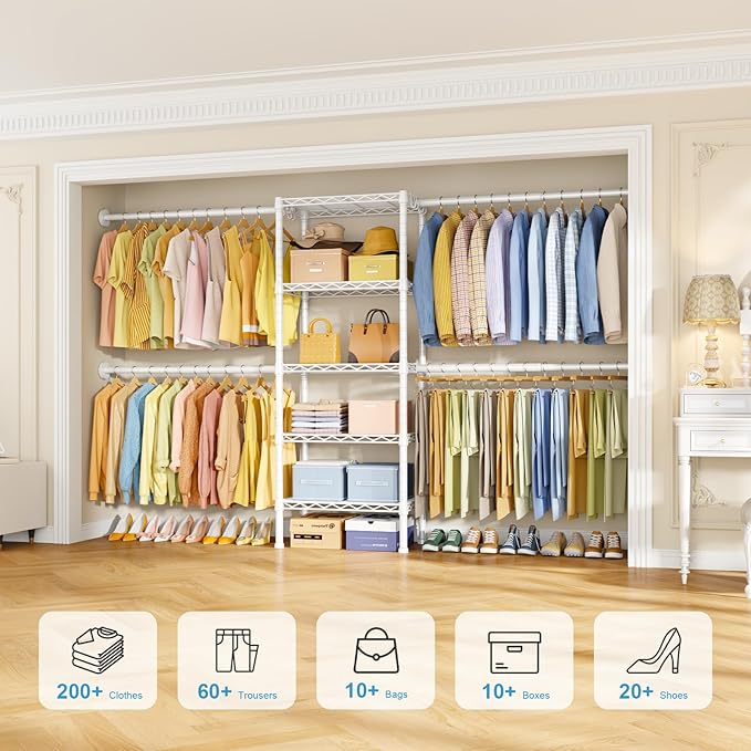 Ulif M2 Wall Mounted Closet System, Clothes Rack Mounted onto the Wall with 4 Expandable Hanger Rods and 5 Metal Shelves, Clothing Organizer Storage in (70.8-102.3)" L x 14.5" D x 71.2" H, White