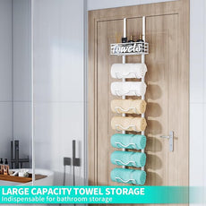 HapiRm Over The Door Towel Rack - 8 Tier Wall Mount Rolled Towel Holder Storage Organizer Shelf with Storage Basket for Small Bathroom, Rv, Camper - White