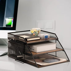 Vintage Wood & Metal Letter Tray， Stackable Desk Organizers Paper Tray， for File Magazines Mail Organizer, Vintage Wood Desk File Organizer with Pen Holder(3 Layer)