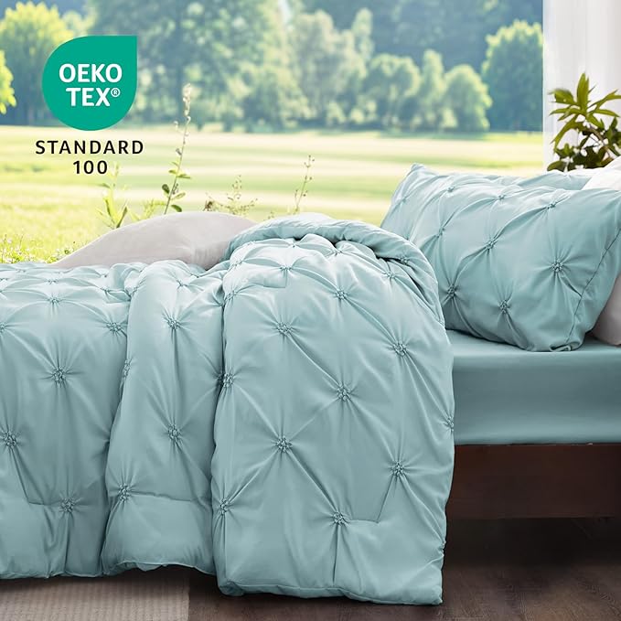 BEDELITE Dusty Blue Queen Comforter Set - 3 Pieces Boho Pintuck Bedding Comforter Sets, Lightweight Soft & Warm Bed Comforter Queen with 2 Pillowcases for All Season