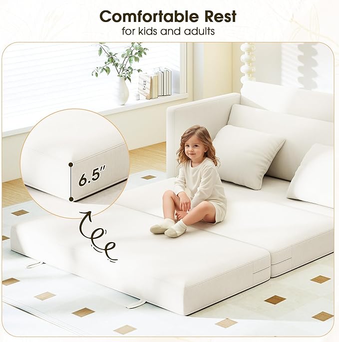 65" Convertible Loveseat Sofa Bed, 2-in-1 Folding Sofa Bed with 2 Pillow for Small Spaces, Modern Loveseat Sleeper Couch for Apartment, Living Room & Guest Room (Beige Chenille, 65 inch)