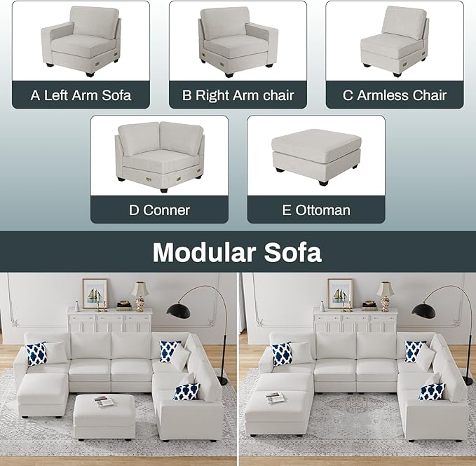 Legend Vansen Modular Sectional Sofa U Shaped Couch with Ottoman Modern Reversible Corner Sectional Couch for Living Room (Cream, U Shaped Sofa-3)