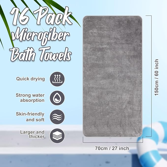 16 Pack Microfiber Bath Towels Bulk 27'' x 60'' Oversized Size Bath Towel Highly Absorbent Extra Large Soft Drying for Shower Beach Winter Salon Sport Gym Party (Wheat,Light Grey)