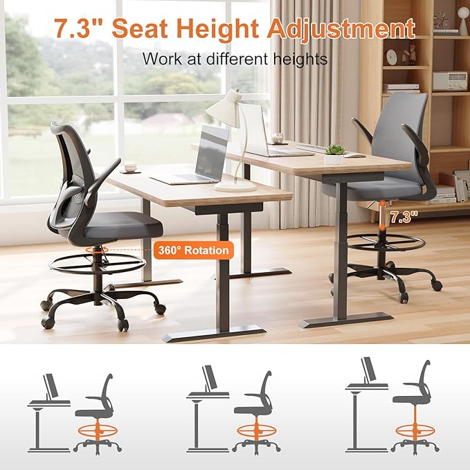 Drafting Chair,Tall Office Chair with Adjustable Footrest Ring,Lumbar Support,Ergonomic High Desk Seat,Flip-Up Armrests,Breathable Mesh Standing Stool for Home Office,Grey
