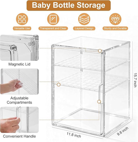 Baby Bottle Organizer – 3-Tier Bottle Storage Organizer Baby for Bottles, Nipples, Pump Parts, Food Jars – Clear Nursery Cabinet for Countertop and Kitchen