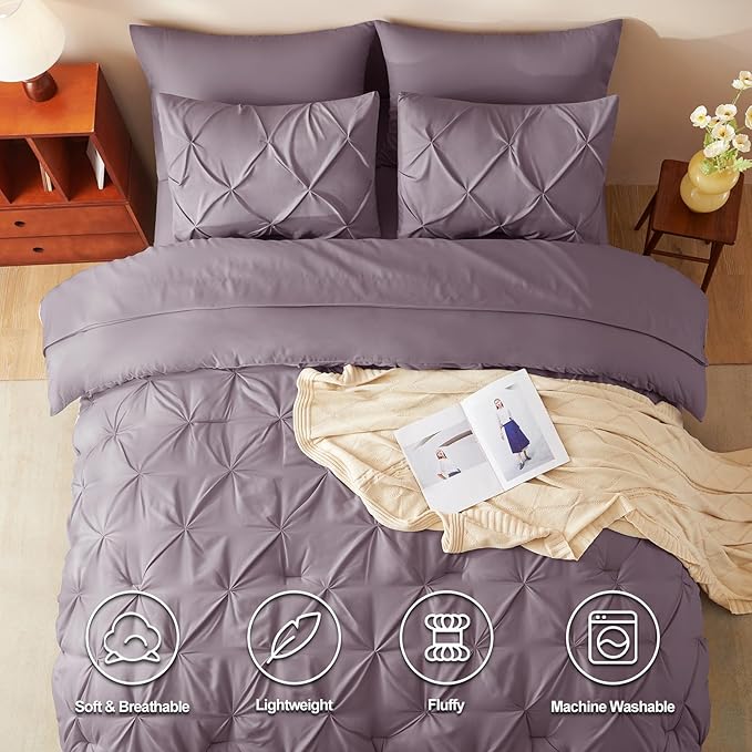 CozyLux Queen Comforter Set Grayish Purple, 7 Pieces Pintuck Bed in A Bag, Premium Purple Comforter Queen Size, Pinch Pleat Bedding Sets with Comforter, Sheets, Pillowcases & Shams