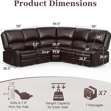 Home Theater Seating Reclining Sectional Sofa, 5 Seats Soft Leather Recliner Corner Sectional Couch, Recliner Couch with USB Charging, Thickened Padding, Sturdy Frame, Brown