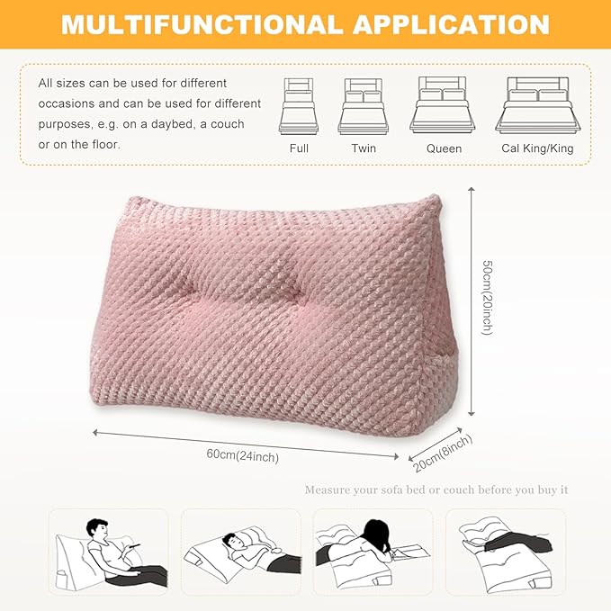 Large Triangular Headboard Wedge Pillow Soft and Supportive Headboard Backrest Positioning Support Bolster Cushion, Bed Wedge Pillow with Removable Cover(Pink,Twin,39x8x20inch)