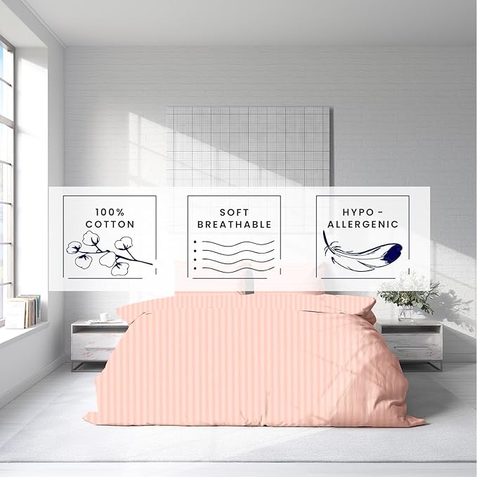 Kotton Culture 120"x120" 3 Pc Super King Plus/Super Oversize King Duvet Cover Set 100% Egyptian Cotton 600 TC Comforter Cover Zipper Closure & Corner Ties -Fits Only Extra Large Inserts -Striped Peach