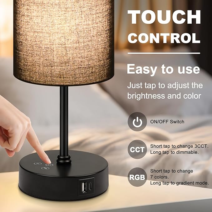 Unicozin Table Lamp for Bedroom, 3 Color Temperatures, 7 RGB Colors, Adjustable Brightness, Dual USB Charging Ports, Ambience Nightstand Light with Black Shade, Desk Lamp for Kids Reading Home Office