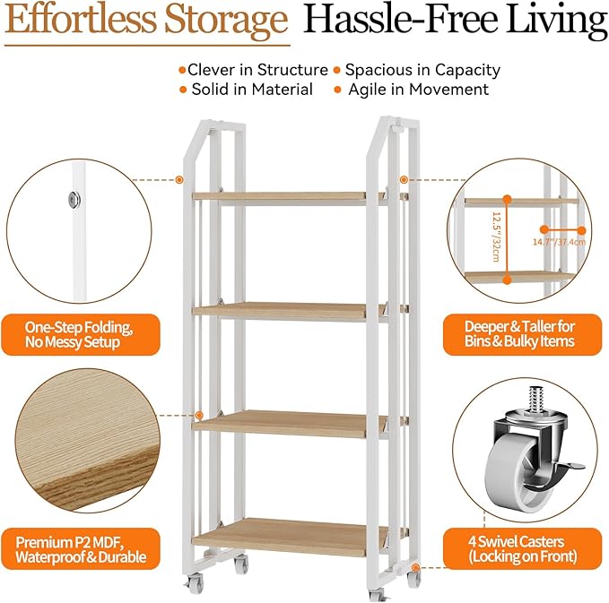 No Assembly Double-Sided Folding Bookshelf for Living Room, 4 Tier Collapsible Book Shelf for Home Office, Portable Bookcase Storage Organizer