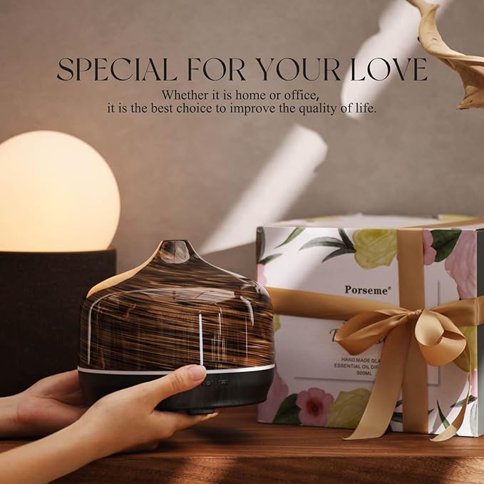 Porseme 500ml Glass Essential Oil Diffuser Aromatherapy Ultrasonic Cool Mist Humidifier 15-21 Running Hours Waterless Auto-Off Air Diffusers for Sleeping Yoga Office Working Spa and Rest (Dark Golden)