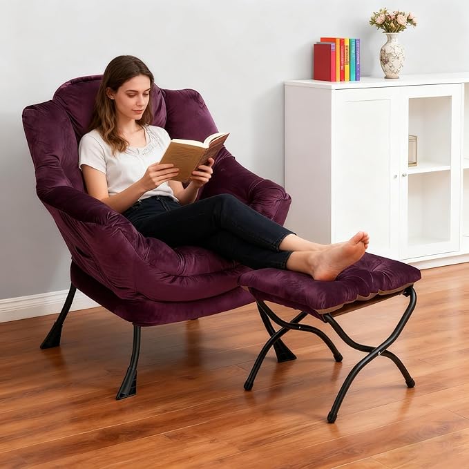 HollyHOME Lazy Chair with Foldable Ottoman, Accent Comfy Lounge Armchair and Folding Footrest Stool, Leisure Sofa Reading Chair and Footstool for Living Room, Bedroom, Dorm,Velvet Purple