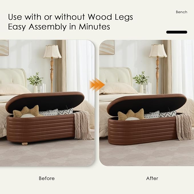 53" Storage Bench PU Leather Ottoman Bench Upholstered Bench End of Bed Stool with Safety Hinge for Bedroom, Living Room, Entryway, Brown