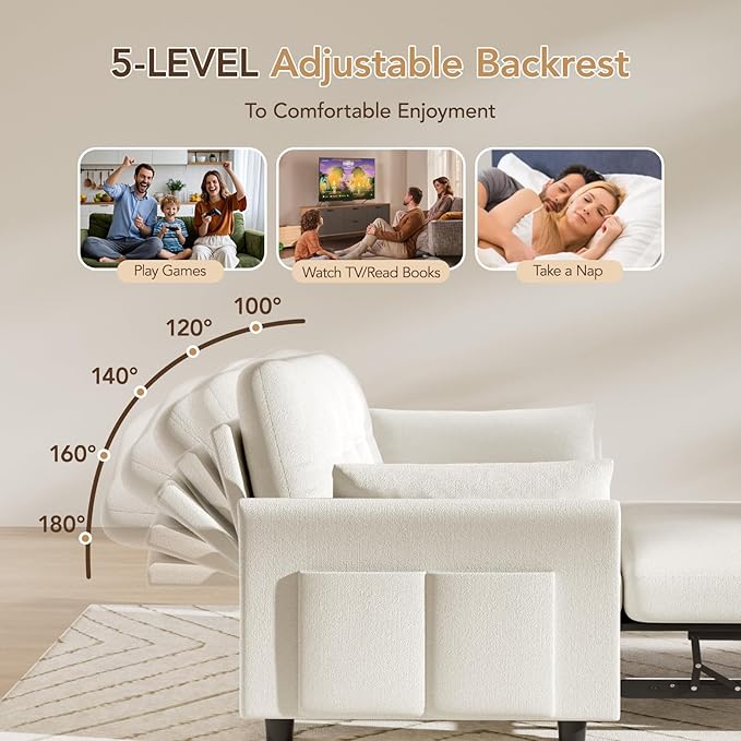 Vipbear 3 in 1 Pull Out Couch, Convertible Sofa Bed, Loveseat Sleeper with Reclining Backrest and Side Pocket for Living Room, Apartment, Tool-Free Assembly, Beige