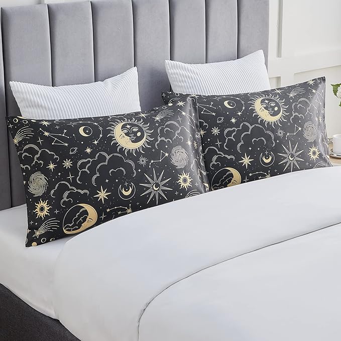 EXQ Home Satin Pillowcase for Hair and Skin King - Black Printed Silk Pillowcase 2 Pack 20x40 inches - Satin Pillow Cases Set of 2 with Envelope Closure, Gifts for Women Men