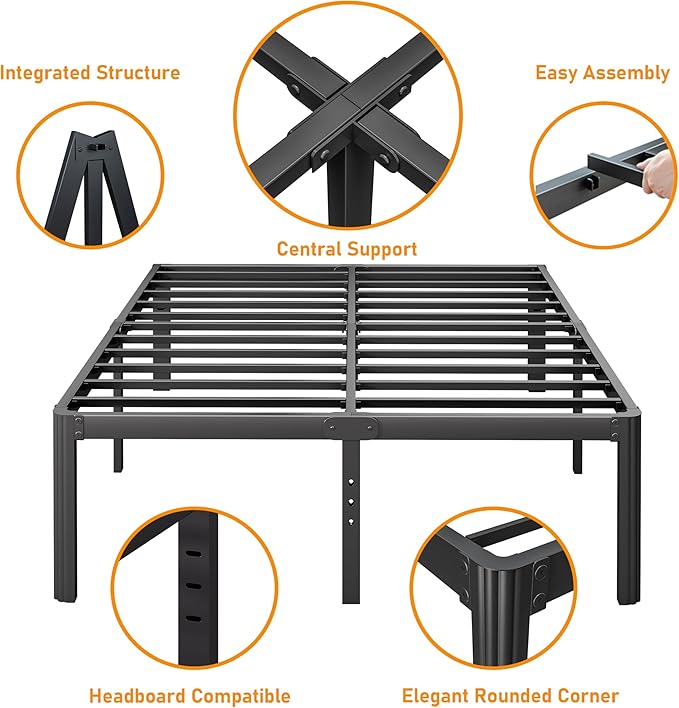 Askeld King Size Bed Frame, 14 Inch High Metal Platform Bed with Round Corner Leg, No Box Spring Needed, Heavy Duty Noise-Free Bed Base, Easy Assembly, Black
