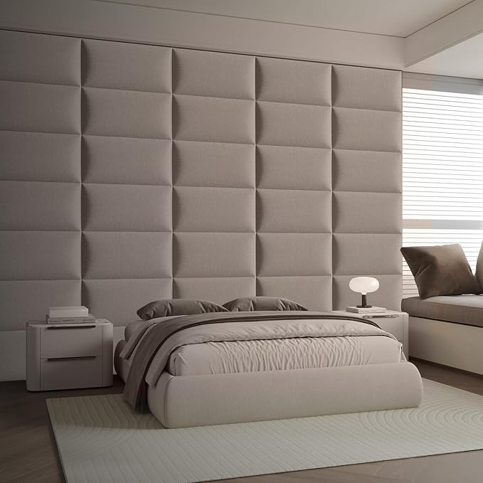 12-Piece King Size Upholstered Headboard in Khaki Linen, Wall Mounted Fabric Headboard & Panels Set, Large Scale for Master Bedroom Wall Decor