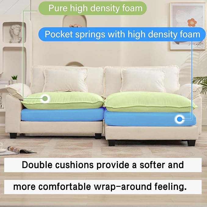 86" Modular Sectional Sofa, Comfy Cloud Couch Sectional Sofa with Ottoman, Chenille Sofa Sleeper Deep Seat Sofa with Throw Pillows for Living Room (Beige White, 86"- L Shape)