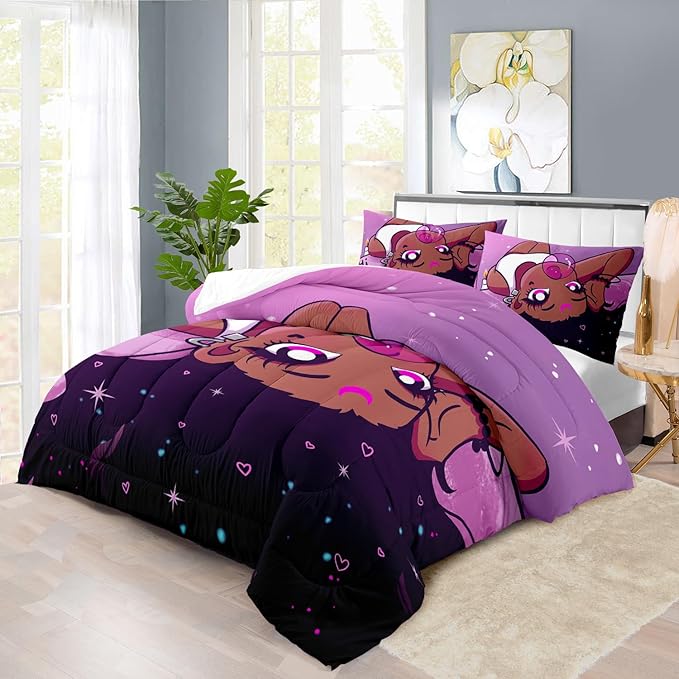 Black Girl Comforter Set King Cute Bedding Set College Dorm Girl Cartoon Teen Black and Pink Comforter King Kawaii Room Decor Cartoon Bedding Quilt Decor Kids