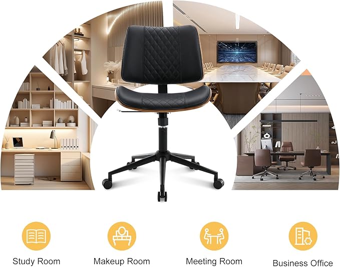 BV Small Desk Chair, Mid Century Office Chair with Bentwood Back, Armless Task Swivel Chair with Wheels, Mid Back No Arms, Faux Leather Office Chairs for Small Space, Black