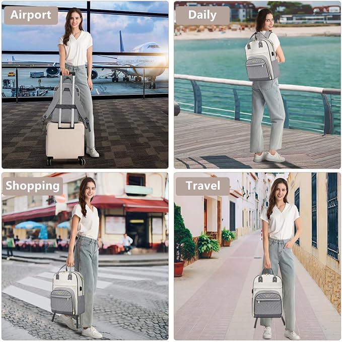 Laptop Backpack Women Work Bag - Travel Backpack Purse with USB Charger 15.6 Inch Nurse Bag College Teacher Business Backpack Waterproof Laptop Bag Beige Grey