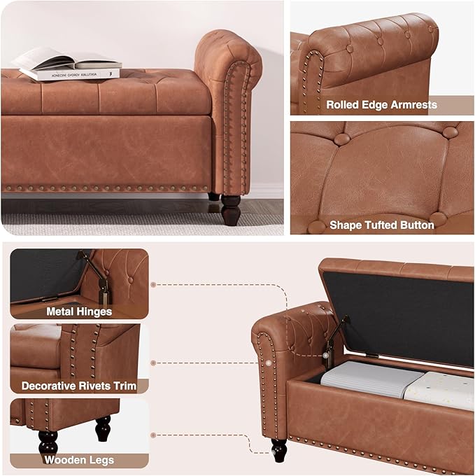 55 Inch Bedroom Storage Bench, Faux Leather End of Bed Bench with Storage, Upholstered Ottoman Foot Rest with Rolled Arms for Bedroom, Living Room, Apartment, Brown