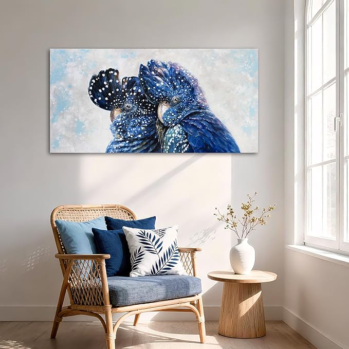 YETHEN WAL Blue Parrot Wall Art, Large Blue Bird Canvas Print, Textured Hand-Painted Style Animal Artwork for Living Room Bedroom Office, 20×40 Inch
