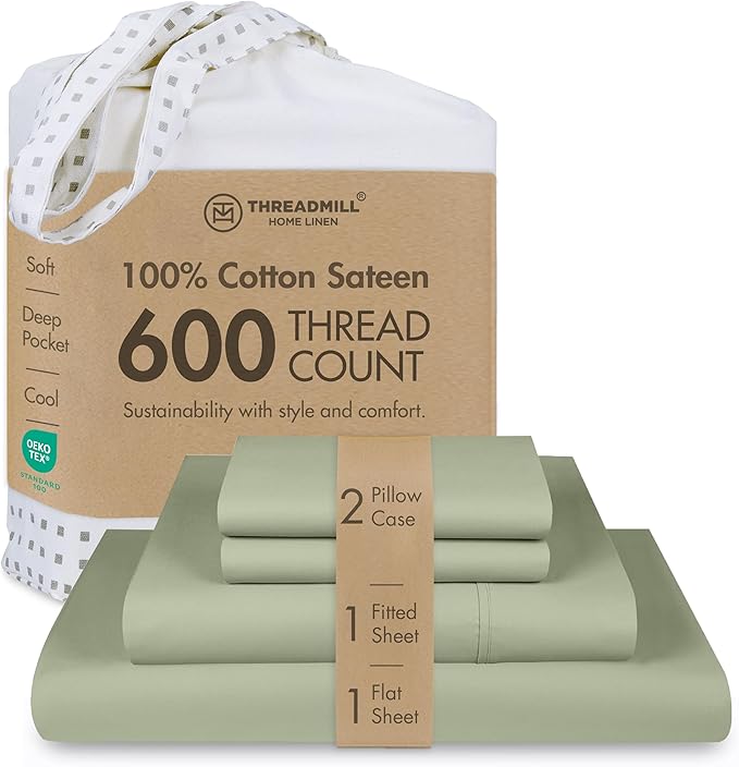 Threadmill 100% Cotton Sheets for Cal King Size Bed - 600 Thread Count Cal King Bed Sheets Set with 16” Deep Pocket - Sateen Weave 4-Piece Bedding Set with Cooling Effect, Sage Green