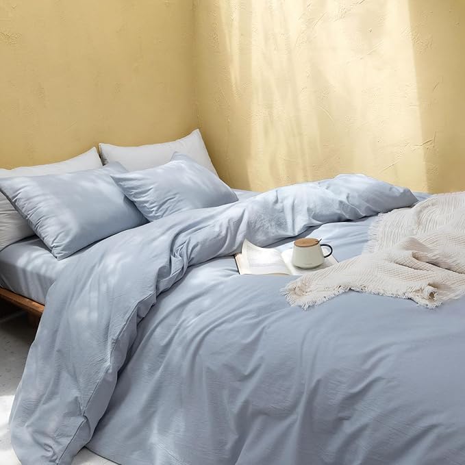 FOSSA Duvet Cover Set 100% Washed Cotton Linen Feel Super Soft Breathable Cozy Simple Style 3 Pieces Bedding Sets Solid Cornflower Blue Twin XL