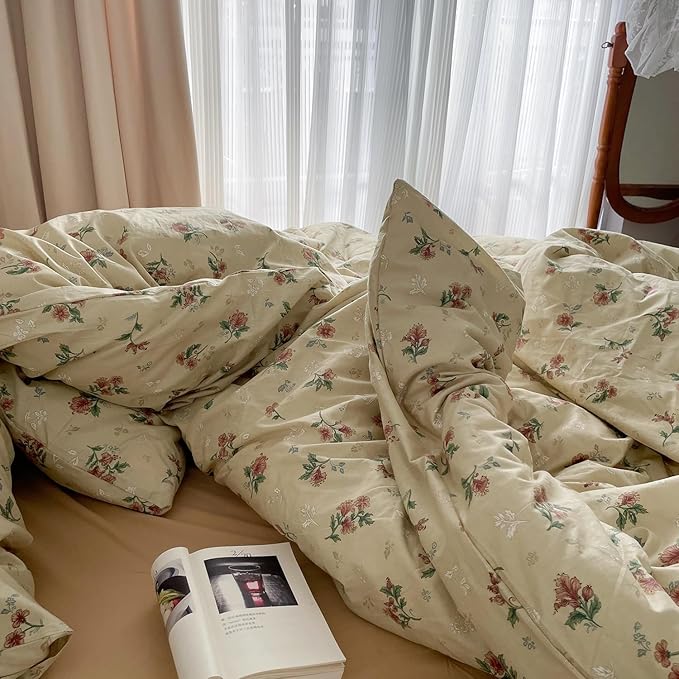 mixinni Vintage Floral Duvet Cover Twin Size - 3 Piece 100% Cotton Cottagecore Red Flowers & Green Leaves Bedding, Soft Botanical Comforter Cover & Pillowcases, Aesthetic Spring Bed Set for Girls
