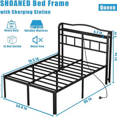 14 Inch Metal Bed Frame - Queen Size Black Heavy Duty Bedframe Platform Basic Mattress Foundation with Headboard & Charging Station No Box Spring Needed/Easy Assembly/No Noise