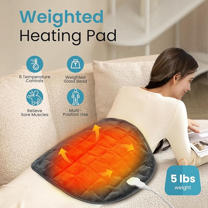 NOWWISH 5lbs Weighted Heating Pad for Women, Electric Heated Weighted Blanket with 6 Heat Settings, Timer & Auto Shut-Off, Relief for Period Cramps, Back Pain, Lap, Machine Washable, 29x24 inch, Grey
