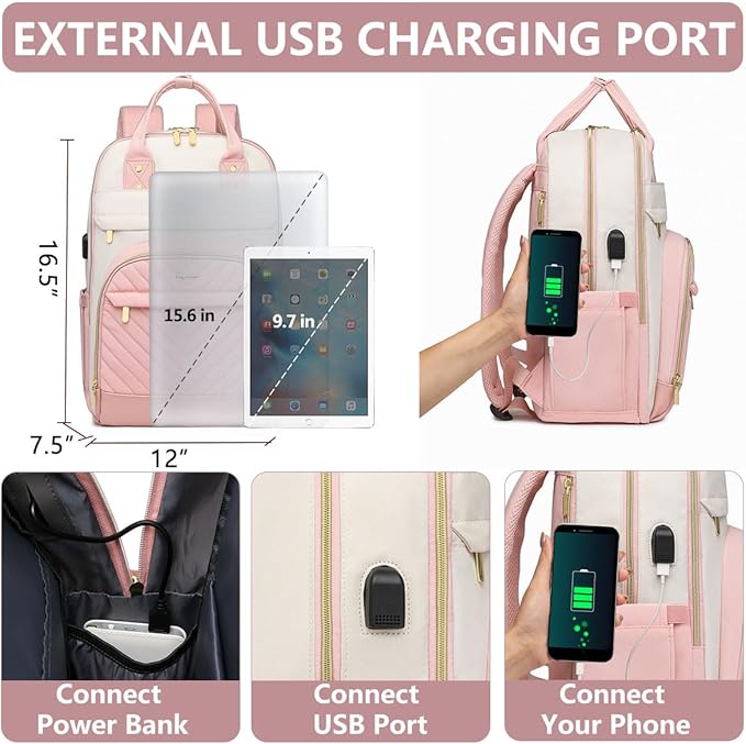 Laptop Backpack for Women Work - 15.6 Inch Travel Backpack Fashion Work Business Backpacks Purse Warterproof College Teacher Nurse Computer Daypack Beige Pink