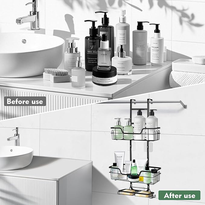 Shower Caddy, Hanging Organizer Rack with Hooks and Adhesives, No Drilling, Rustproof Stainless Steel Bathroom Organizer Bathroom Shower Shelves for Inside Black