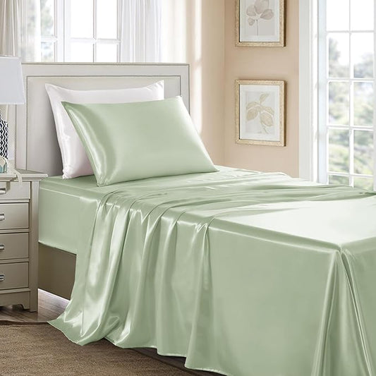 Satin Sheets Twin Size - 3 Pieces Luxury Silky Soft Bed Sheets, Wrinkle-Free Sage Green Satin Silk Sheet Set with 1 Deep Pocket Fitted Sheet, 1 Flat Sheet, 1 Pillow Case