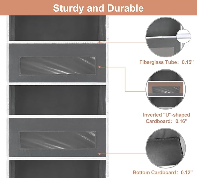 5-Tier Over The Door Storage Organizer with 10 Side Mesh Pockets, 48 lbs Load Capacity, 3 Hooks Design, Door Hanging Organizer with Clear Windows for Bathroom, Bedroom, Nursery, Kitchen-Grey