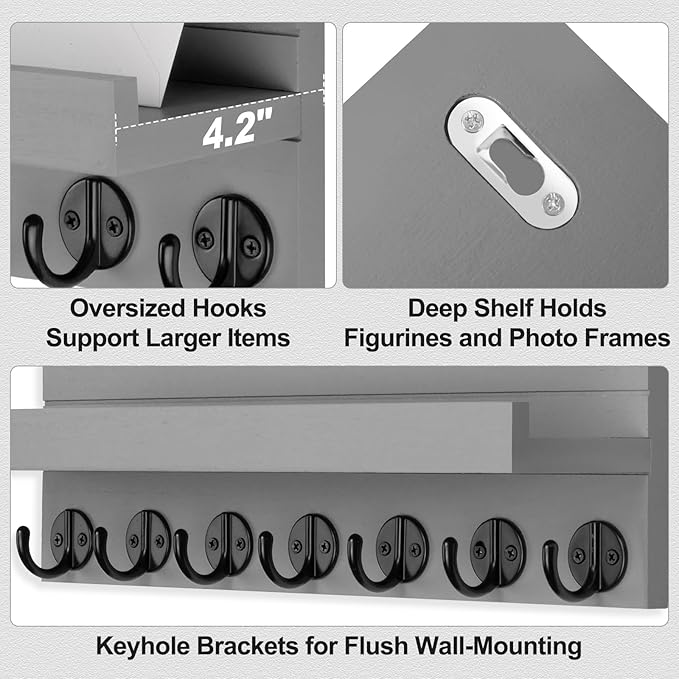 Key Holder Wall Mount, Entryway Key and Mail Holder with 7 Sturdy Hooks for Sunglasses, Dog Leash, Decorative Wall Shelf with Mounting Hardware, 15”W x 6.7”H x 4.2”D (Gray)