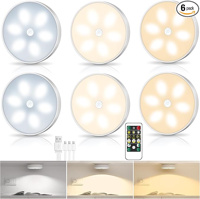 LED Closet Step Lights Motion Sensor Puck Light Compatible with Charging Station, 3 Colors Temperatures USB Rechargeable Indoor Under Cabinet Lighting(6 Pack, Without Charge Stand)