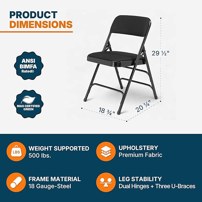OEF Furnishings OEF2300 Series Heavy-Duty Premium Fabric Padded Upholstery Double-Hinged Triple-Braced Folding Chairs (4-Pack, Classic Black)