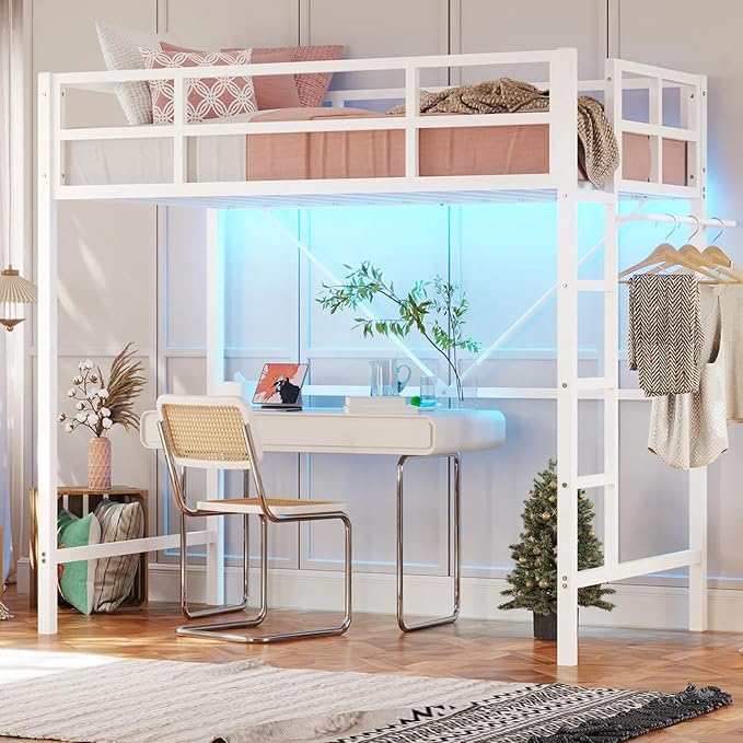 DICTAC Loft Bed Twin Size with Ladder and Guardrail,Metal Twin Loft Bed for Kid/Teen with Led Lights,Small Space Saving Furniture Design for Bedroom,Kid Room and Dorm,No Box Spring Needed, White