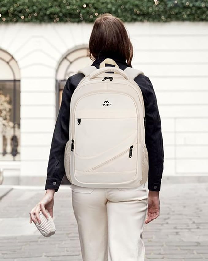MATEIN Laptop Backpack Women Large Capacity, Travel Backpack TSA Approved with Luggage Strap & USB Port, Water Resistant Teacher College Bookbag Fits 17 Inch Computer, Stylish Beige Work Daypack