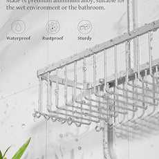 YASONIC Shower Caddy Hanging - Never Rust Shower Organizer - Aluminum Over The Head Caddy with 10 Hooks for Razor/Sponge - Rack with Soap Basket - Silver