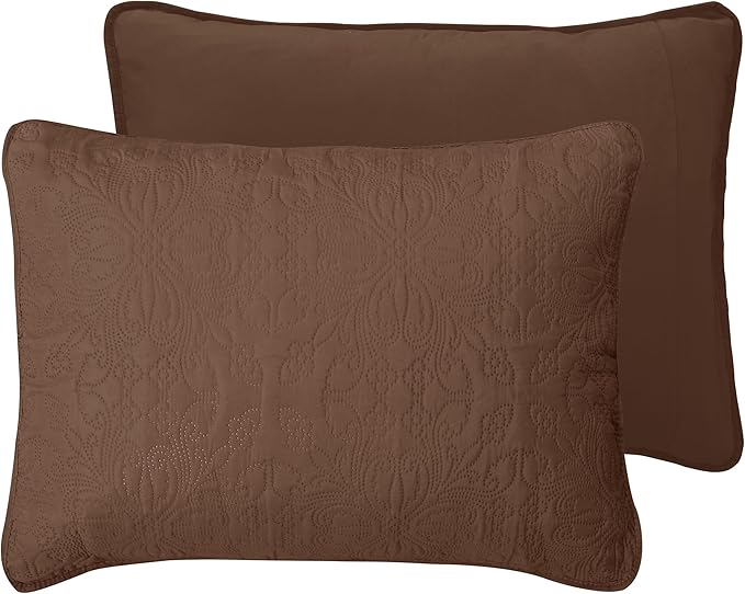 Easy-Going Twin Size Reversible Quilt Set with 1 Quilt and 1 Pillow Sham, Soft Bed Quilt Cover, Water Resistant Lightweight Microfiber Bedspread, Stain Resistant, Damask-Brown/Beige